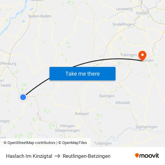 Haslach Im Kinzigtal to Reutlingen-Betzingen map