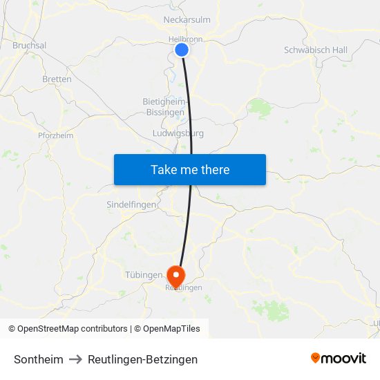 Sontheim to Reutlingen-Betzingen map