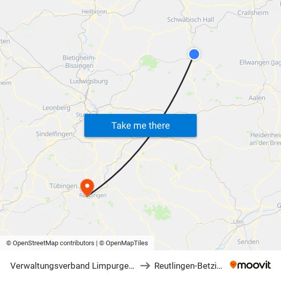 Verwaltungsverband Limpurger Land to Reutlingen-Betzingen map
