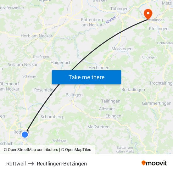 Rottweil to Reutlingen-Betzingen map