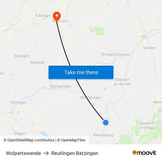 Wolpertswende to Reutlingen-Betzingen map