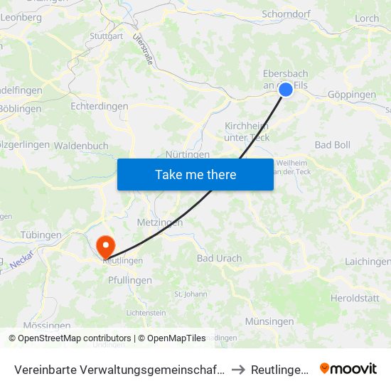 Vereinbarte Verwaltungsgemeinschaft Der Stadt Ebersbach An Der Fils to Reutlingen-Betzingen map