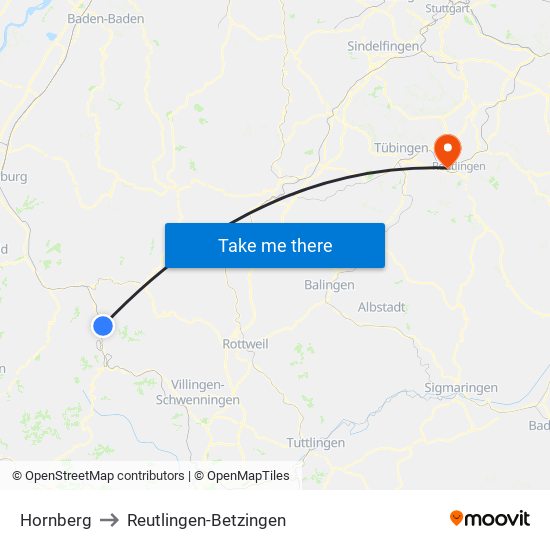 Hornberg to Reutlingen-Betzingen map