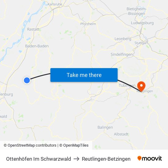 Ottenhöfen Im Schwarzwald to Reutlingen-Betzingen map