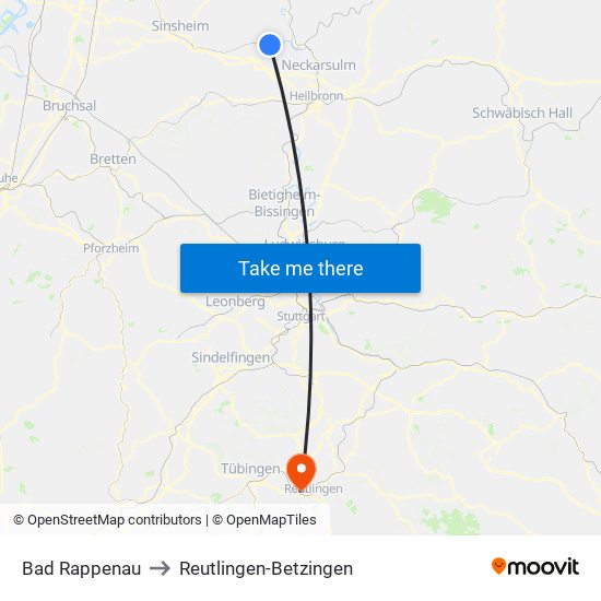 Bad Rappenau to Reutlingen-Betzingen map