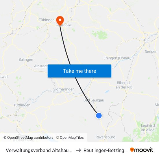 Verwaltungsverband Altshausen to Reutlingen-Betzingen map
