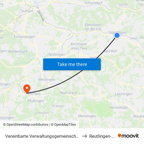 Vereinbarte Verwaltungsgemeinschaft Der Stadt Göppingen to Reutlingen-Betzingen map