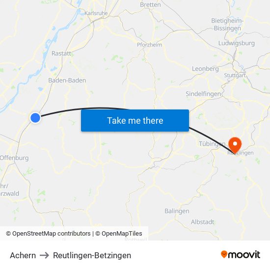 Achern to Reutlingen-Betzingen map