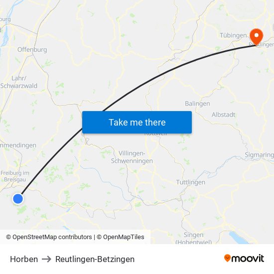 Horben to Reutlingen-Betzingen map