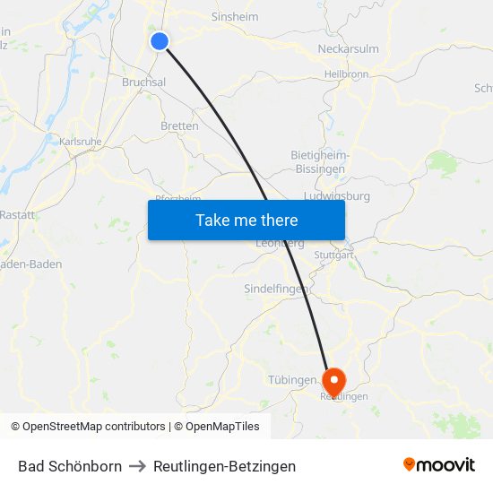 Bad Schönborn to Reutlingen-Betzingen map