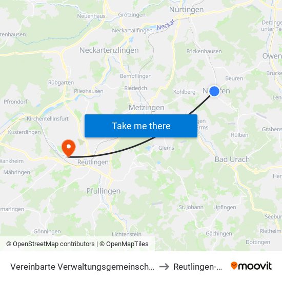 Vereinbarte Verwaltungsgemeinschaft Der Stadt Neuffen to Reutlingen-Betzingen map