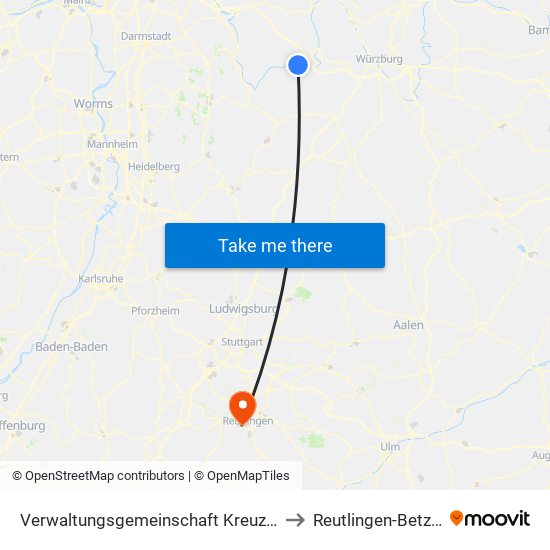 Verwaltungsgemeinschaft Kreuzwertheim to Reutlingen-Betzingen map