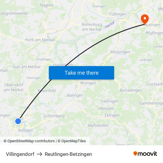 Villingendorf to Reutlingen-Betzingen map