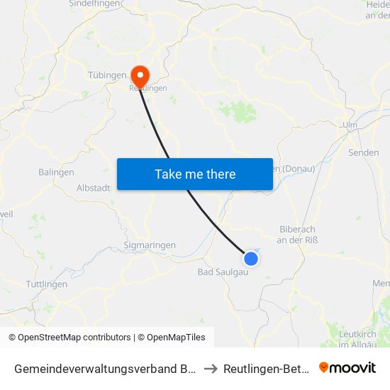 Gemeindeverwaltungsverband Bad Buchau to Reutlingen-Betzingen map