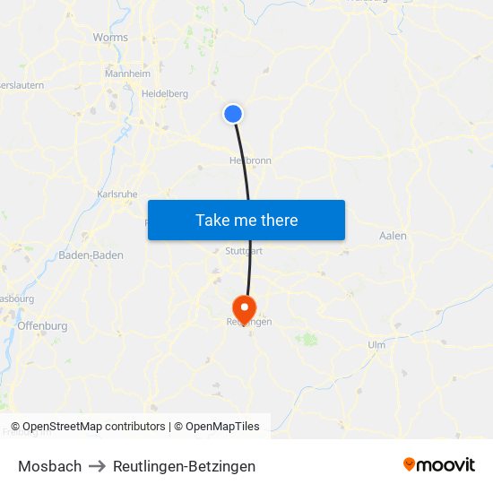 Mosbach to Reutlingen-Betzingen map