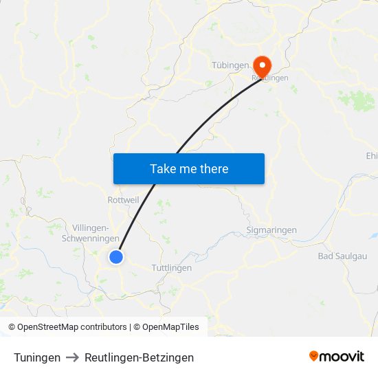 Tuningen to Reutlingen-Betzingen map