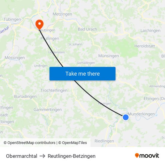 Obermarchtal to Reutlingen-Betzingen map