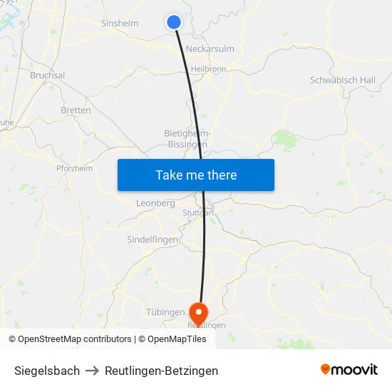 Siegelsbach to Reutlingen-Betzingen map