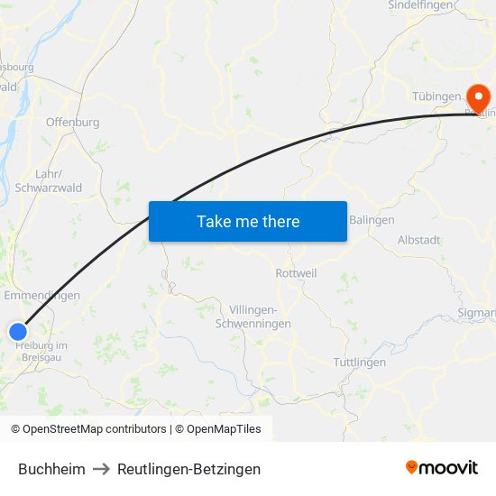 Buchheim to Reutlingen-Betzingen map