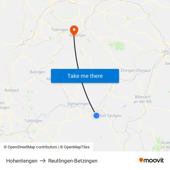 Hohentengen to Reutlingen-Betzingen map