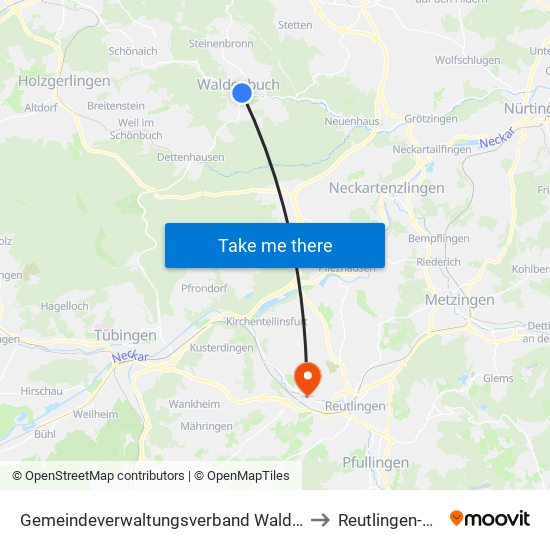 Gemeindeverwaltungsverband Waldenbuch/Steinenbronn to Reutlingen-Betzingen map