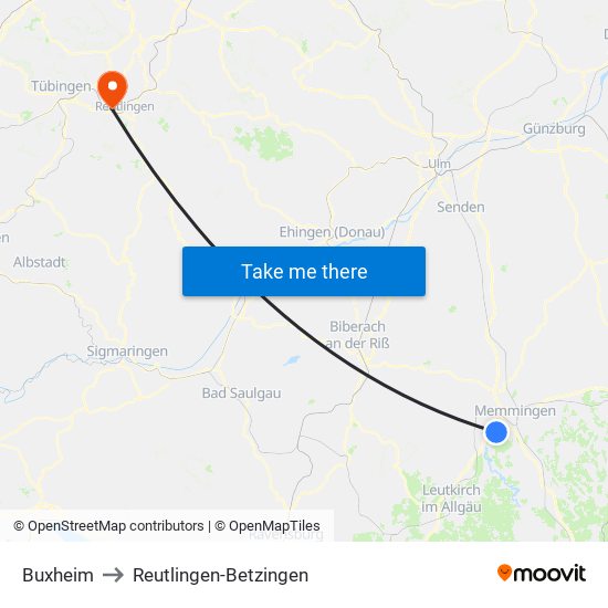 Buxheim to Reutlingen-Betzingen map