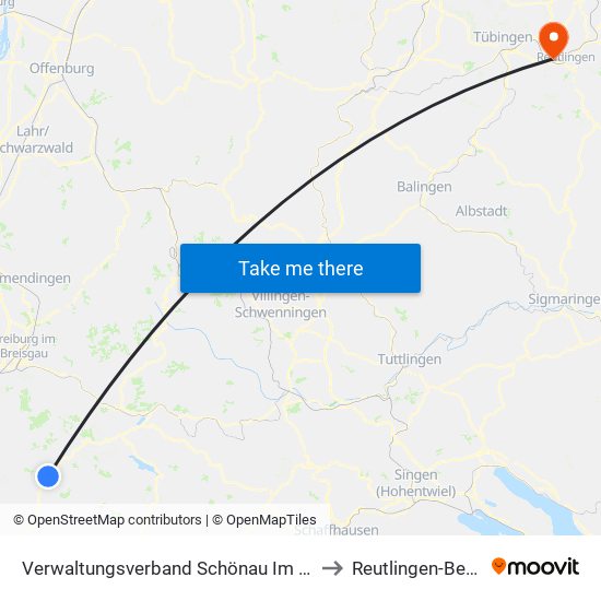 Verwaltungsverband Schönau Im Schwarzwald to Reutlingen-Betzingen map