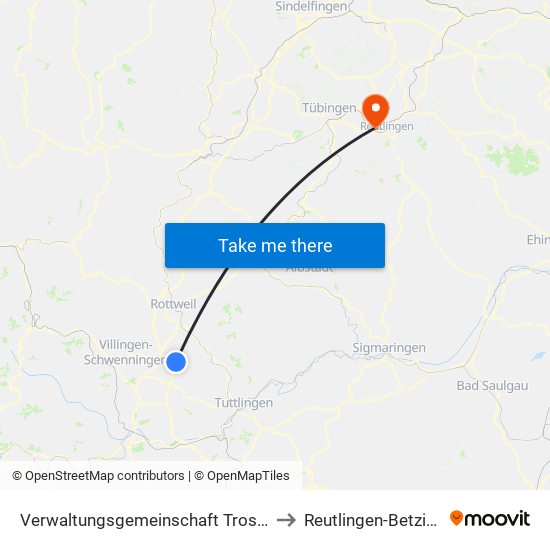 Verwaltungsgemeinschaft Trossingen to Reutlingen-Betzingen map