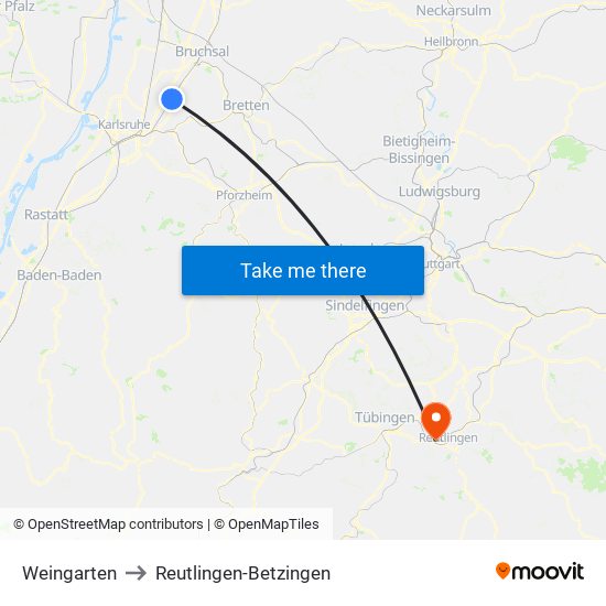 Weingarten to Reutlingen-Betzingen map