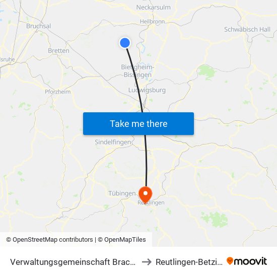 Verwaltungsgemeinschaft Brackenheim to Reutlingen-Betzingen map