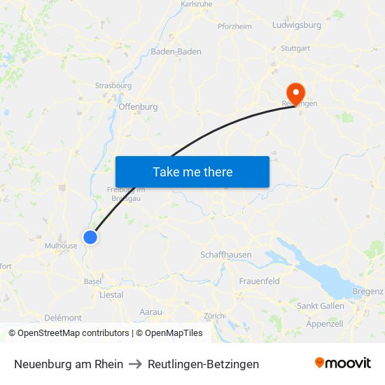 Neuenburg am Rhein to Reutlingen-Betzingen map