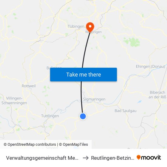Verwaltungsgemeinschaft Meßkirch to Reutlingen-Betzingen map