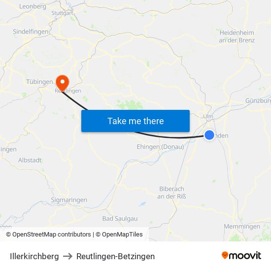 Illerkirchberg to Reutlingen-Betzingen map