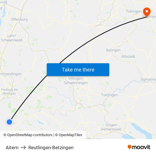 Aitern to Reutlingen-Betzingen map