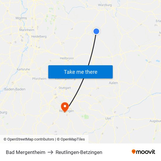 Bad Mergentheim to Reutlingen-Betzingen map