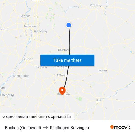 Buchen (Odenwald) to Reutlingen-Betzingen map