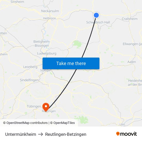 Untermünkheim to Reutlingen-Betzingen map