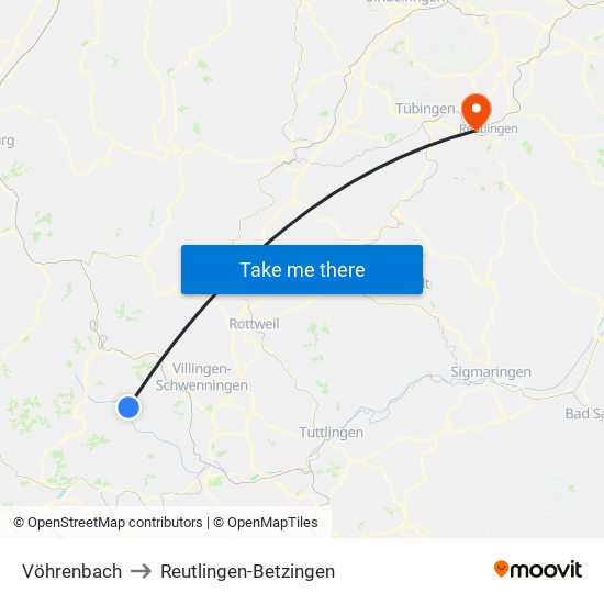 Vöhrenbach to Reutlingen-Betzingen map