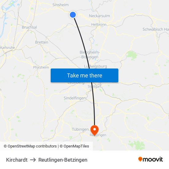 Kirchardt to Reutlingen-Betzingen map