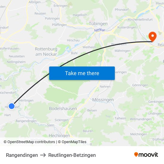 Rangendingen to Reutlingen-Betzingen map