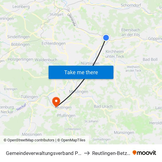 Gemeindeverwaltungsverband Plochingen to Reutlingen-Betzingen map