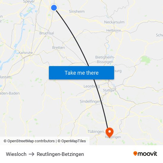 Wiesloch to Reutlingen-Betzingen map