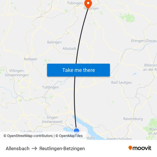 Allensbach to Reutlingen-Betzingen map