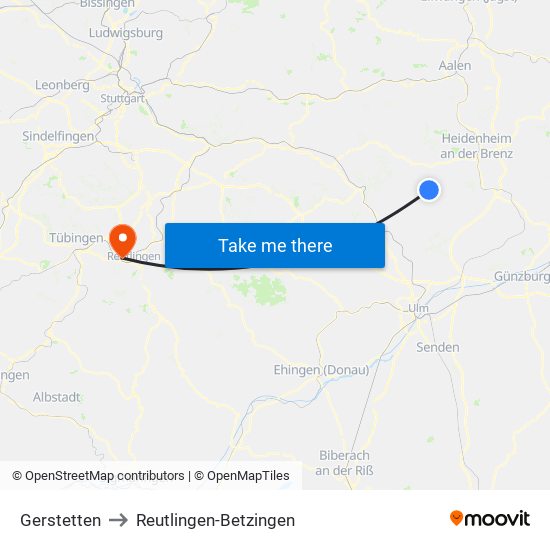 Gerstetten to Reutlingen-Betzingen map