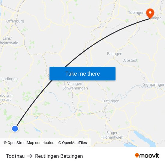 Todtnau to Reutlingen-Betzingen map