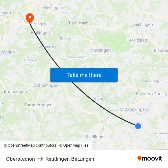 Oberstadion to Reutlingen-Betzingen map