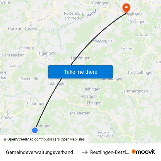 Gemeindeverwaltungsverband Heuberg to Reutlingen-Betzingen map