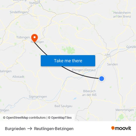 Burgrieden to Reutlingen-Betzingen map