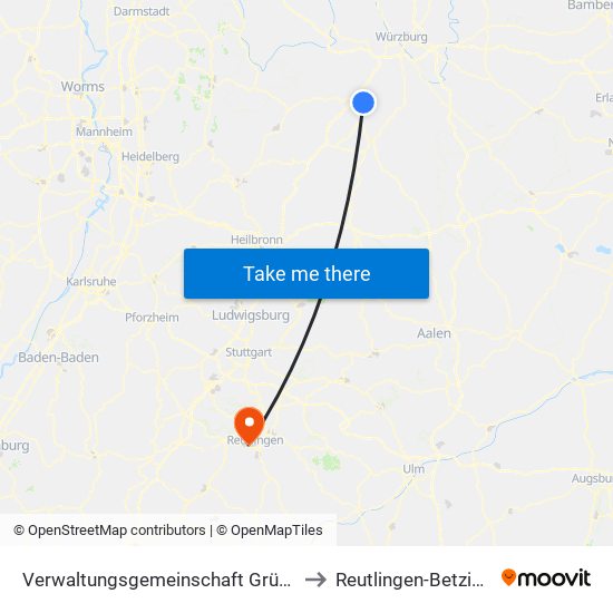 Verwaltungsgemeinschaft Grünsfeld to Reutlingen-Betzingen map