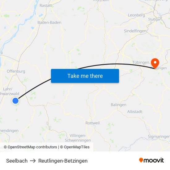 Seelbach to Reutlingen-Betzingen map